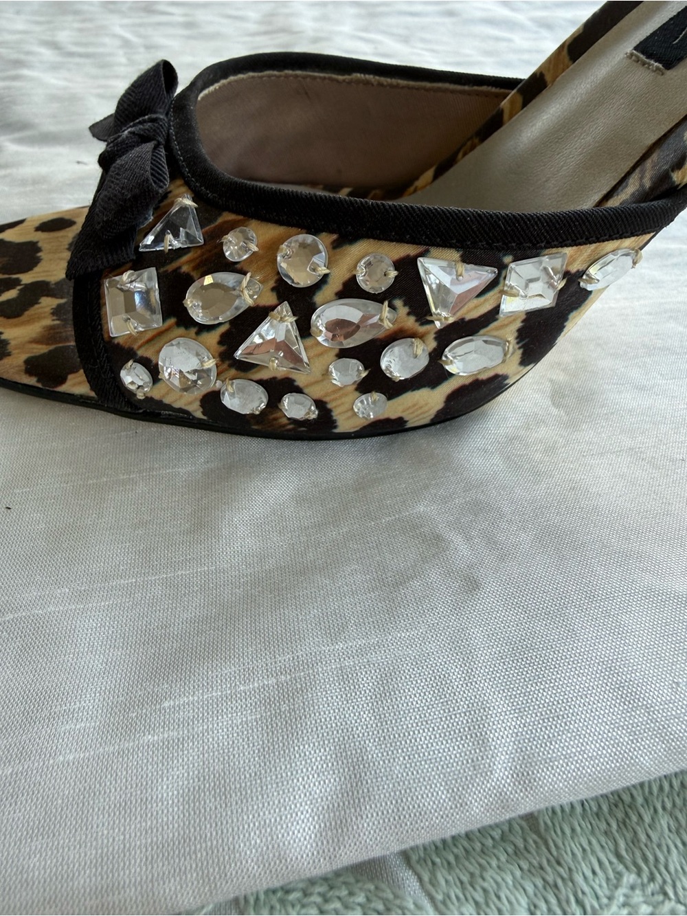 Beverly Feldman Leopard Print Jeweled Slide with Black Bow